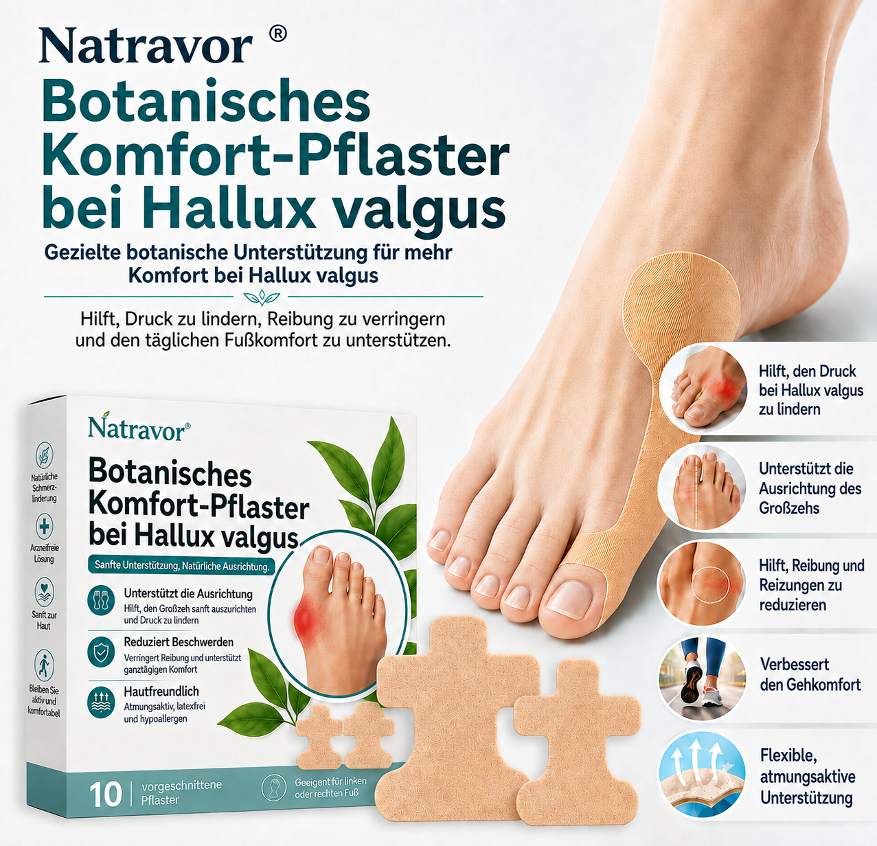 🏅 Natravor® Botanisches Komfort-Pflaster bei Hallux valgus 👠 Flexible Fußpflege + pflanzlich inspirierte Komfortformel